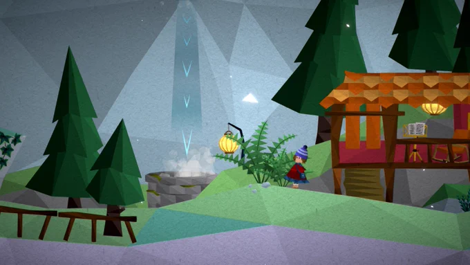 A screenshot from the video game Passing By - A Tailwind Journey, featuring protagonist Curly admiring a mountain spring.
