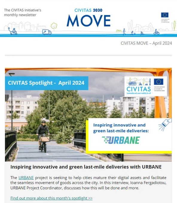 A screenshot of the MOVE newsletter including a news piece on the URBANE project titled: "CIVITAS Spotlight - April 2024; Inspiring innovative and green last-mile deliveries: URBANE".