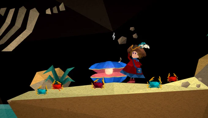 A screenshot from the video game Passing By - A Tailwind Journey, featuring protagonist Curly dancing with a group of crabs.