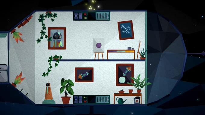 A screenshot from the video game Passing By - A Tailwind Journey, featuring robot Copper in the game's space station.