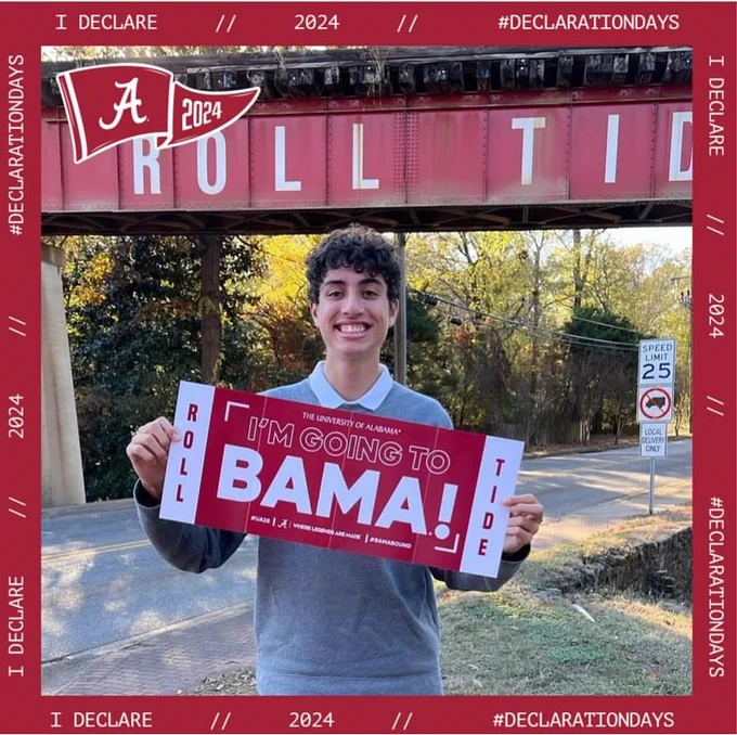 Person with a sign that says "I'm going to BAMA" and a border around the photo that says "I Declare // 2024 // #DeclarationDays"