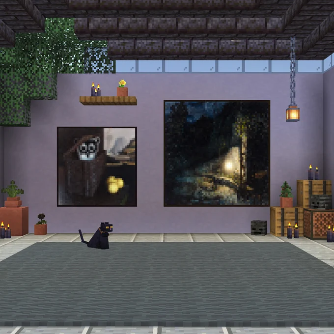 Minecraft paintings on a wall in a well-decorated room