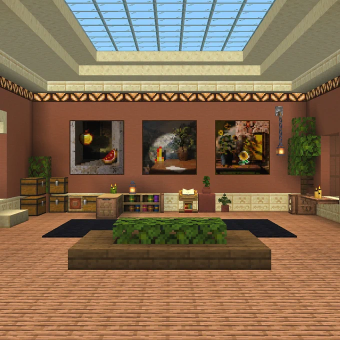 Minecraft paintings on a wall in a well-decorated room