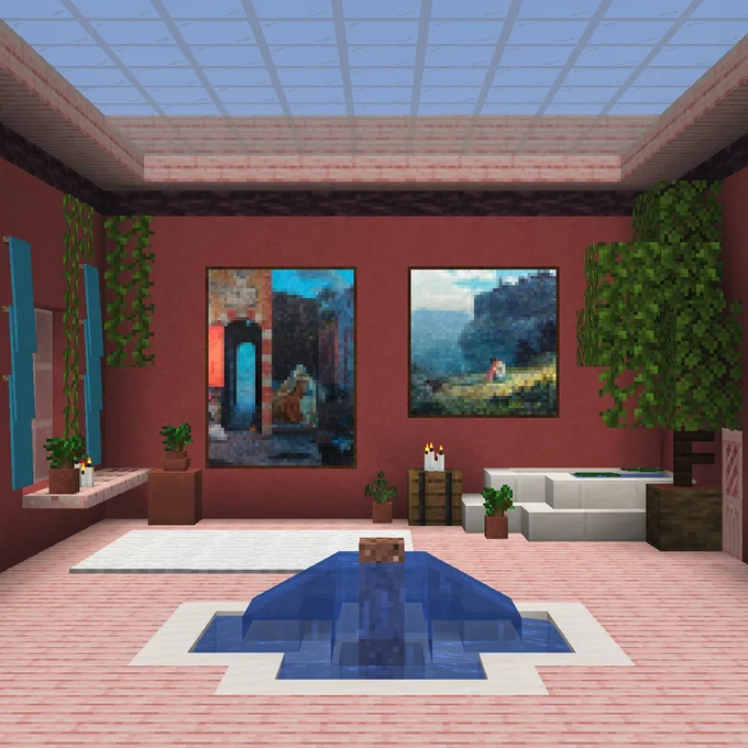 Minecraft paintings on a wall in a well-decorated room