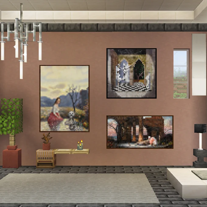 Minecraft paintings on a wall in a well-decorated room