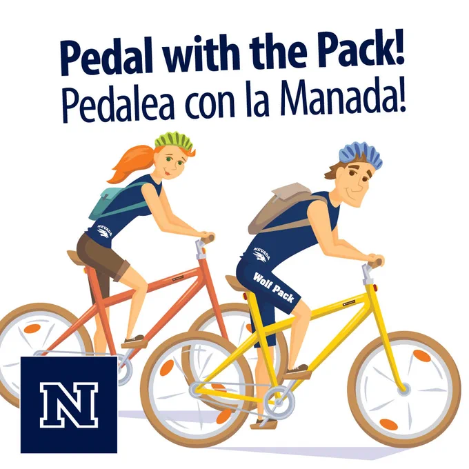Image is a drawing of two people on a bike with text above that says "Pedal with the Pack! Pedalea con la Manada!"