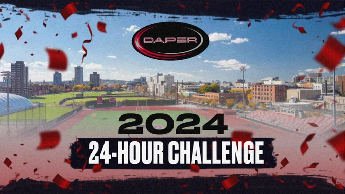 A graphic featuring an aerial photo of the athletic fields with the DAPER logo at the top and the text "2024 24-Hour Challenge" on the bottom