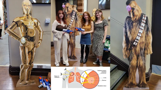 C3P0 (far left) and Chewy (far right) with some of the amazing undergraduate student volunteers, L-R Emma Stanley, Grace Buzzard and Alice Cartridge.