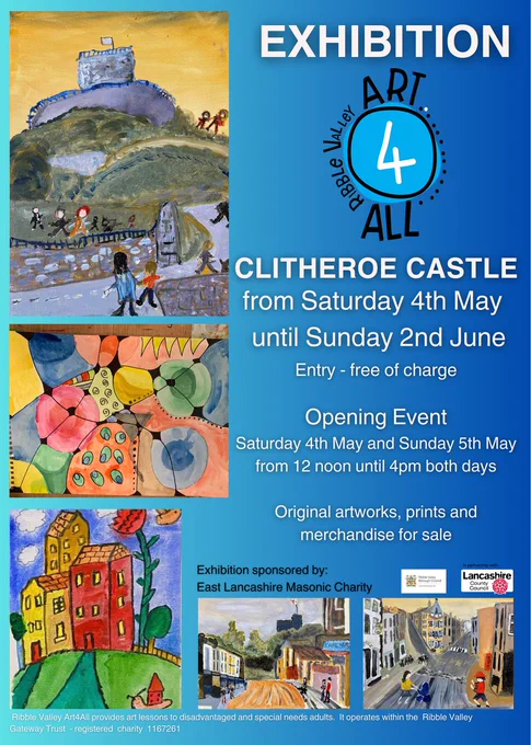 Different artworks produced by the students collated together.  Subjects include Clitheroe Castle, Clitheroe high street and library