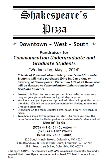 A flyer for the Shakespeare's fundraiser occurring all day on Wednesday May 1st at all three locations. The flyer is white with black font. 