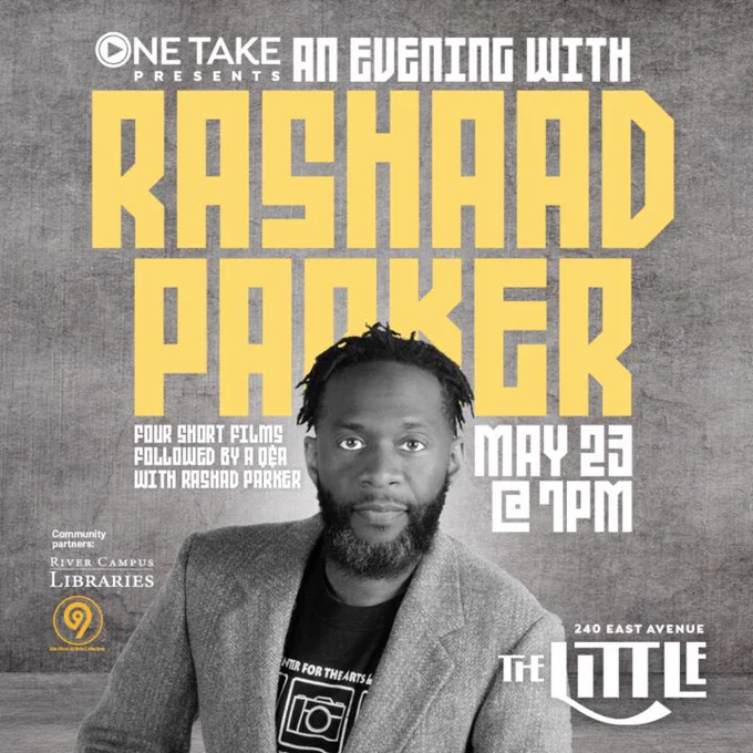 An Evening With Rashad Parker. Four short films followed by a Q&A. May 23 @ 7pm. Presented with community partners the Department of Rare Books, Special Collections, and Preservation, University of Rochester Libraries & 9th Floor Artists Collective. 

Pictured: a person with a beard in a blazer