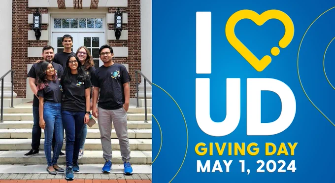 A split graphic: the left side showing a picture of materials research society students. The right side shows a blue and yellow graphic with white text saying "I (heart) UD Giving Day. May 1, 2024"