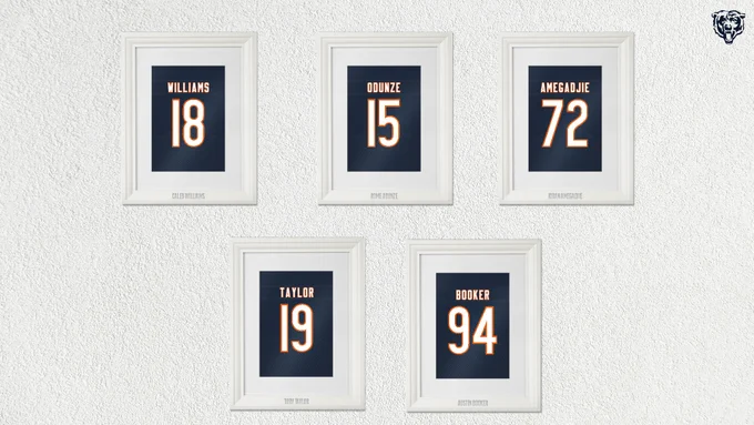 Rookie jersey numbers: Williams - 18; Odunze - 15; Amegadjie - 72; Taylor - 19; Booker - 94