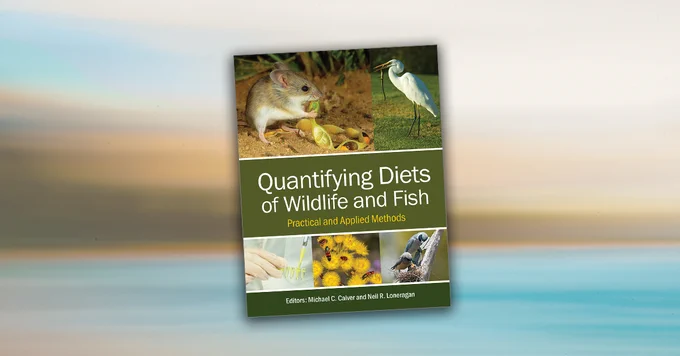 Cover of 'Quantifying Diets of Wildlife and Fish', featuring photos of a mouse, an egret, lab work, jewel beetles on flowers and woodswallows.
