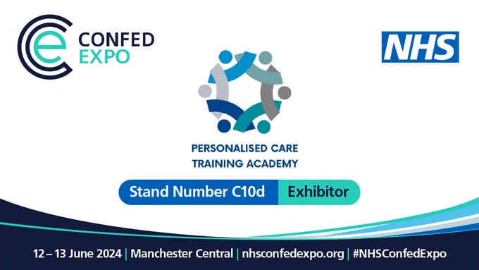 Image shows the ConfedExpo logo and the NHS logo, below shows the company logo of Personalised Care Training Academy. 

The bottom of the image reads nhsconfedexpo.org, #nhsconfedexpo