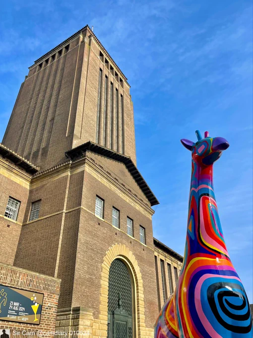 A colourful giraffe sculpture outside Cambridge University Library, 1 May 2024.