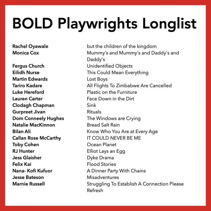 An image with the names and titles of the plays of those long listed in the BOLD playwright award.

Rachel Oyawale			but the children of the kingdom
Monica Cox				Mummy's and Mummy's and Daddy's and 									Daddy's
Fergus Church				Unidentified Objects
Eilidh Nurse				This Could Mean Everything
Martin Edwards			Lost Boys
Tariro Kadare				All Flights To Zimbabwe Are Cancelled
Luke Hereford				Plastic on the Furniture
Lauren Carter				Face Down in the Dirt
Clodagh Chapman			Sink
Gurpreet Jivan				Rituals
Dom Conneely Hughes		The Windows are Crying
Natalie MacKinnon			Bread Salt Rain
Bilan Ali					Know Who You Are at Every Age
Callan Rose McCarthy		IT COULD NEVER BE ME
Toby Cohen				Ocean Planet
RJ Hunter					Elliot Lays an Egg
Jess Glaisher				Dyke Drama
Felix Kai 					Flood Stories
Nana- Kofi Kufuor			A Dinner Party With Chains
Jesse Bateson				Misadventures
Marnie Russell				Struggling To Establish A Connection Please 									Refresh
