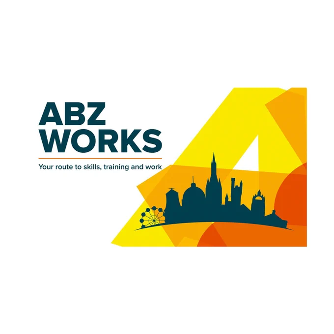 ABZ Works logo. Your route to skills, training and work. A silhouette of Aberdeen city on a yellow and orange background.