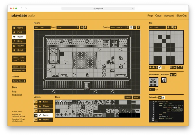 A screenshot of the web-based Pulp development screen. In the middle of the screen is the game's tile map. Underneath that are the series of tiles that make up the game's sprites. To the right, you can see the tile editor for the sprites, which uses a basic 8x8 grid. Underneath that you can see a small box for the game's code. On the left end of the screen, a menu shows pages for "Game," "Font," "Room," "Song," "Sound," and "Script." There are buttons for undo, redo, save, and play.