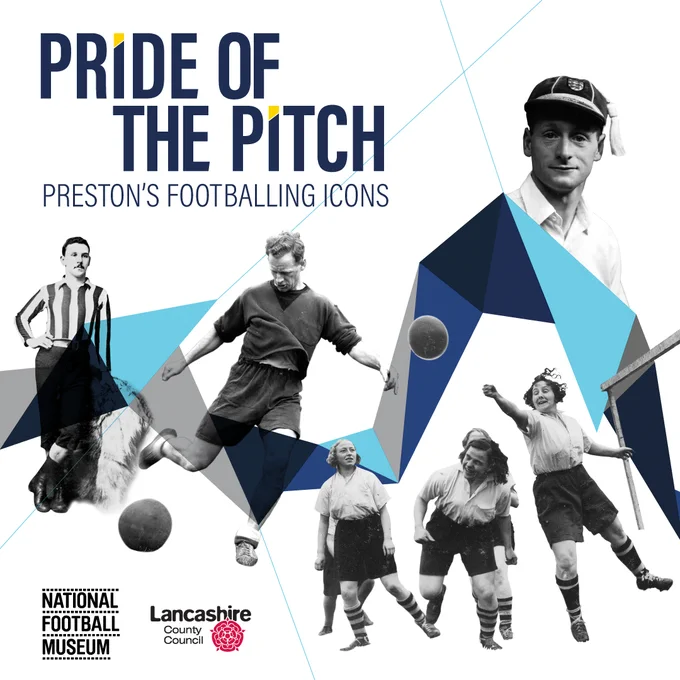 Opening panel of Pride of the Pitch: Preston's Footballing Icons showing male and female sports personalities in various poses