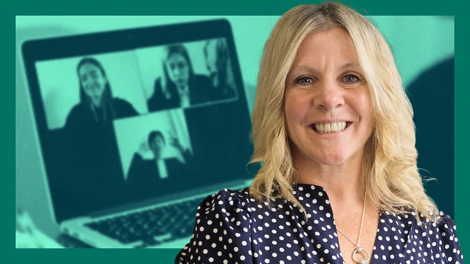 A blonde woman is smiling. Behind her is a laptop screen with three people on a Zoom call. 