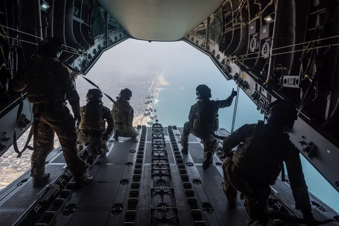 View of the aid being launched from the back of the aircraft.