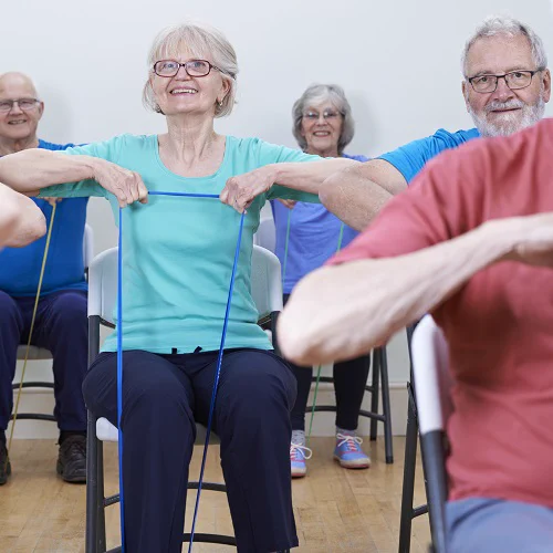 A group of seated people exercising