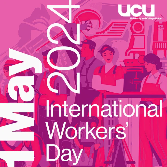 Pink and purple illustrations of workers with buildings and tools silhouetted. Text reads "1 May 2024, International Workers' Day"