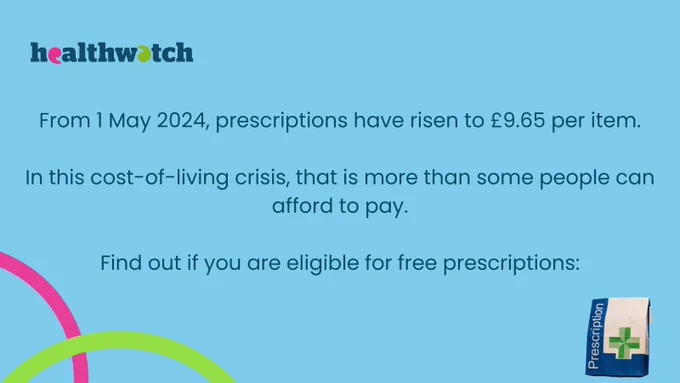 From 1 May 2024, prescriptions have risen to £9.65 per item. 

In this cost-of-living crisis, that is more than some people can afford to pay. 

Find out if you are eligible for free prescriptions: 