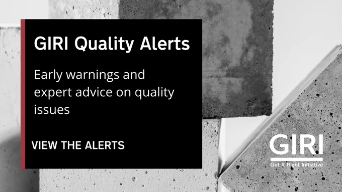 Black and white background image of concrete cubes with GIRI logo in bottom right corner. White text in black text box to left of image reading: GIRI Quality Alerts. Early warnings and expert advice on quality issues. View the alerts.