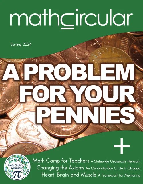 Cover of the Spring 2024 issue of MathCircular. Wavy green bars at the top and bottom frame a photo of a pile of shiny pennies. The headline reads, "A Problem For Your Pennies." Other articles, listed under a large plus sign, include, "Math Camp for Teachers," "Changing the Axions," and "Heart, Brain and Muscle."