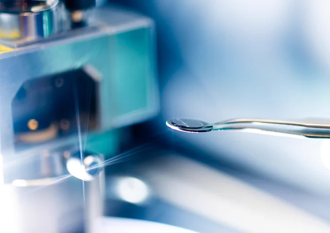 Tweezers hold a sample. 