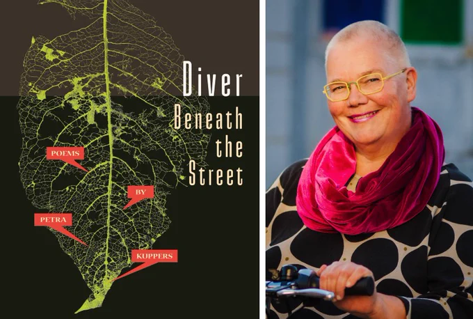 Petra Kuppers and the cover of her book, Diver Beneath the Street