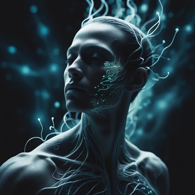 Closeup shot of a Biophoton person in a dream within a dream their body gradually dissolving into bioluminescent particles with subtle patterns, set against a backdrop of contrasting elements like light and melting walls. The ethereal essence is emphasized by a strange tone, creating a dreamlike and otherworldly visual experience.