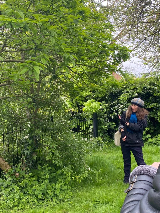 Woman in a hat next to a tree