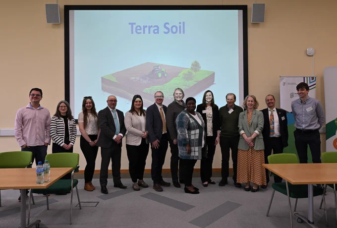 Group photo of Terra Soil project contributors to date (l-r):
Dr Felipe Bacjion de Santa (Teagasc), Mairead Fitzsimons (Geoscience policy Division), Judith Mather (Aurum Exploration Services), John Spink (Teagasc), Dr Rebecca Hall (Teagasc), Dr Jim Hodgson (Geological Survey Ireland), Margaret Browne (Aurum Exploration Services), Maame Croffie (Teagasc), Victoria Lowe (Geological Survey Ireland/ Aurum Exploration Services), Vincent Gallagher (Geological Survey Ireland), Dr Karen Daly (Teagasc), Koen Verbruggen (Geological Survey Ireland), Rory Selby-Smith (Geological Survey Ireland).
Photo kindly used by photographer Prof. Chaosheng Zhang.