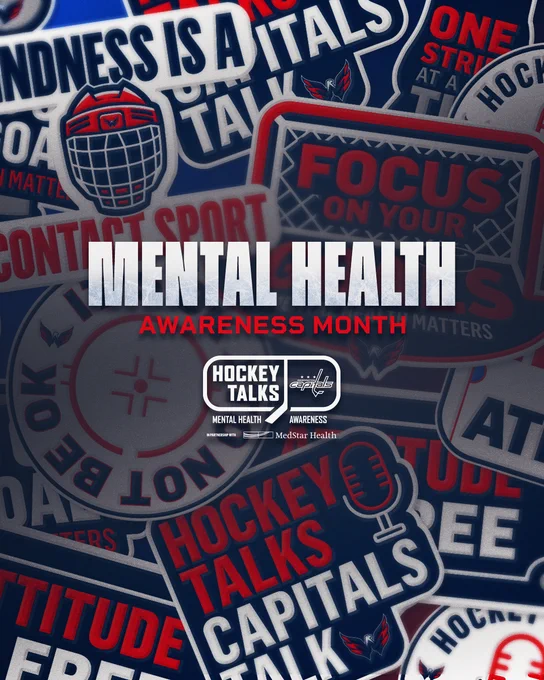 A graphic for Mental Health Awareness Month featuring a background collage of stickers promoting mental wellness and that it's ok to not be ok.