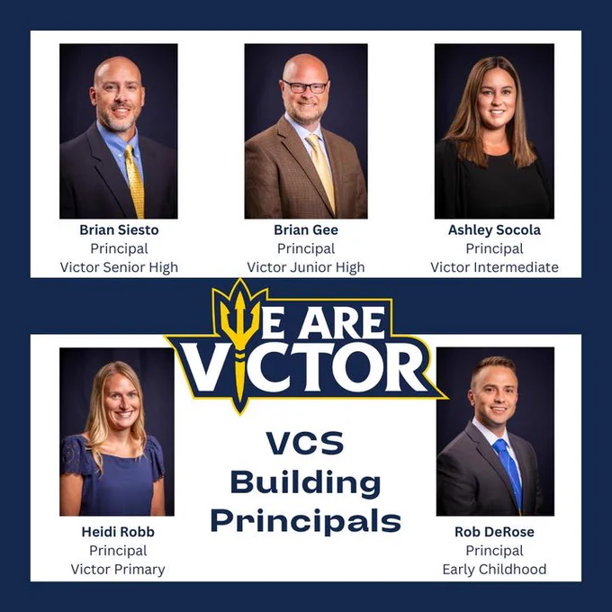 Headshots of the five Building Principals from the Victor Central School District with the "We Are Victor" logo and the Principals names and buildings they lead.
