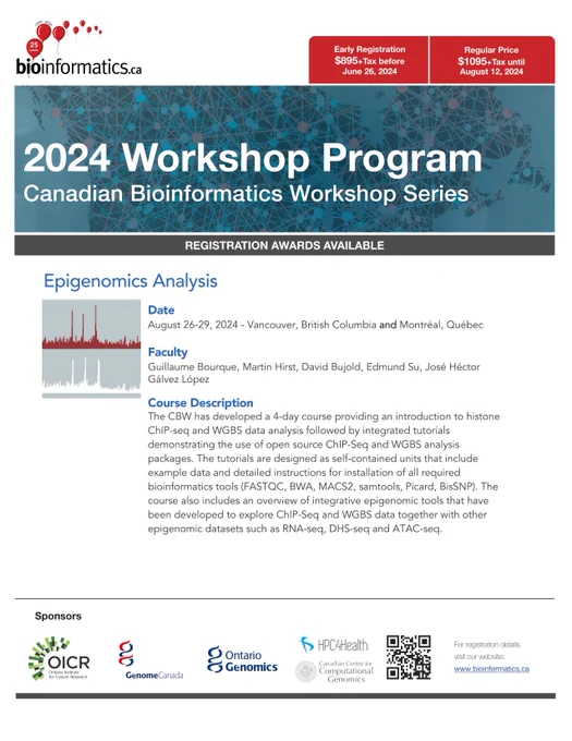 A flyer describing the 2024 Epigenomics Analysis Canadian Bioinformatics Workshop, which will cover the principles of whole-genome bisulfite sequencing and ChIP-seq, as well as providing hands-on experience through labs. Offered August 26-29, 2024 in both Vancouver and Montréal. Registration rate is $895 tax until June 26, after which it rises to $1095 tax.