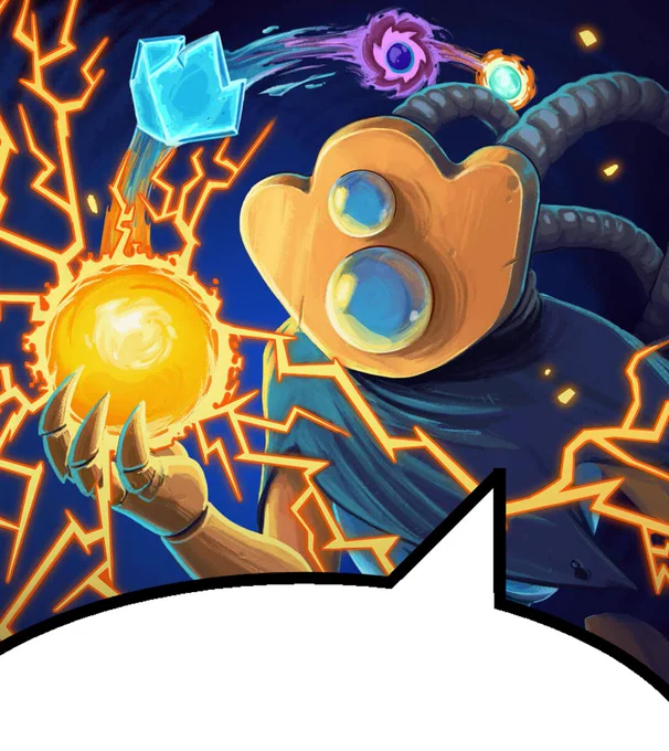 the Defect from Slay the Spire surrounded by each type of his orbs, pondering the Lightning orb in his grasp, with a blank speech bubble at the bottom of the screen implying he ghostwrote the quoted tweet