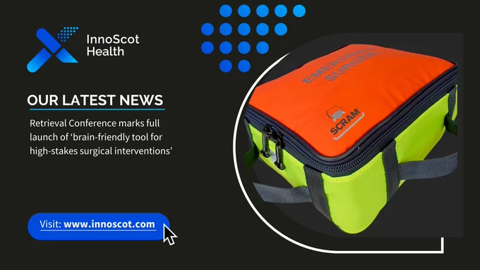 The Surgical SCRAM bag, pictured alongside the headline: "Retrieval Conference marks full launch of ‘brain-friendly tool for high-stakes surgical interventions’"