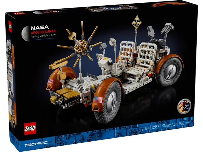 A photo of the LEGO NASA Apollo Lunar Roving Vehicle set, provided by LEGO.com. It shows the box, and the technic set of the Apollo rover. It's beautiful.