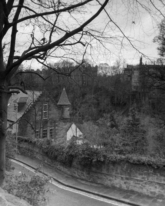 Black and white photograph of the view over the Dean Village 