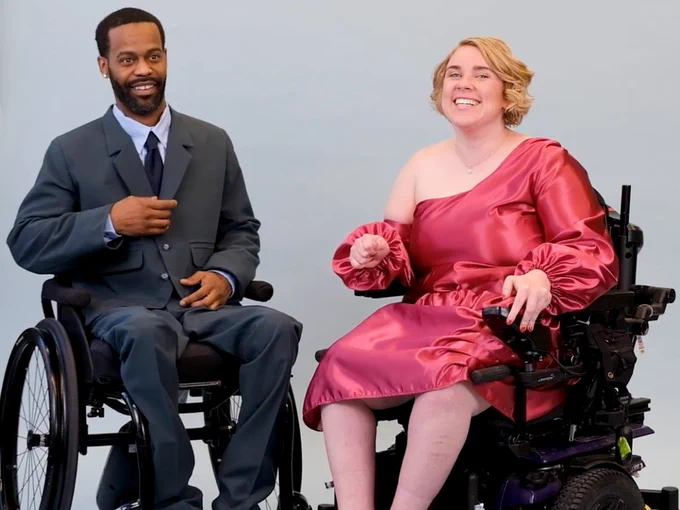 Mike and Emily from Independence First wearing custom adaptive formal wear