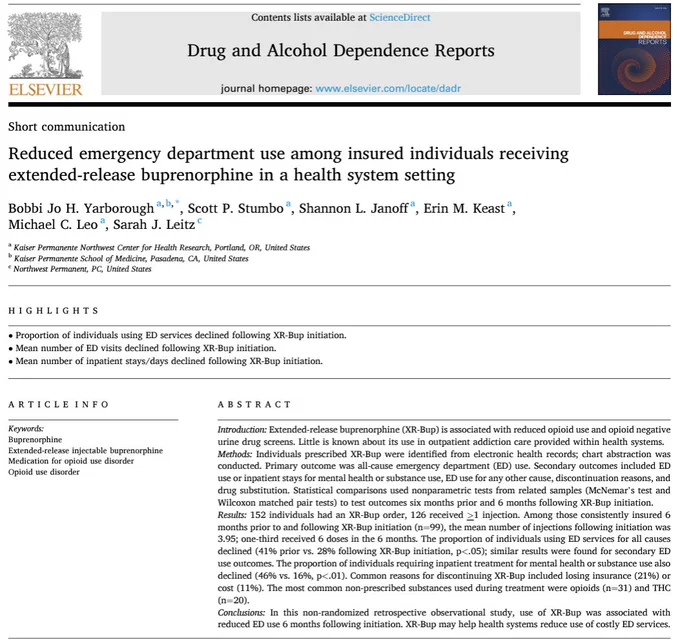 Screen shot of new DADR Article entitled 'Reduced emergency department use among insured individuals receiving extended-release buprenorphine in a health system setting'