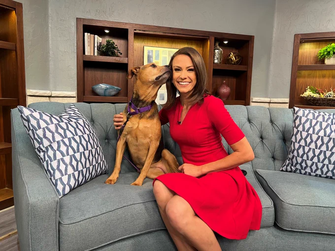 Lady in a red dress sitting on a couch with a tan and black dog.