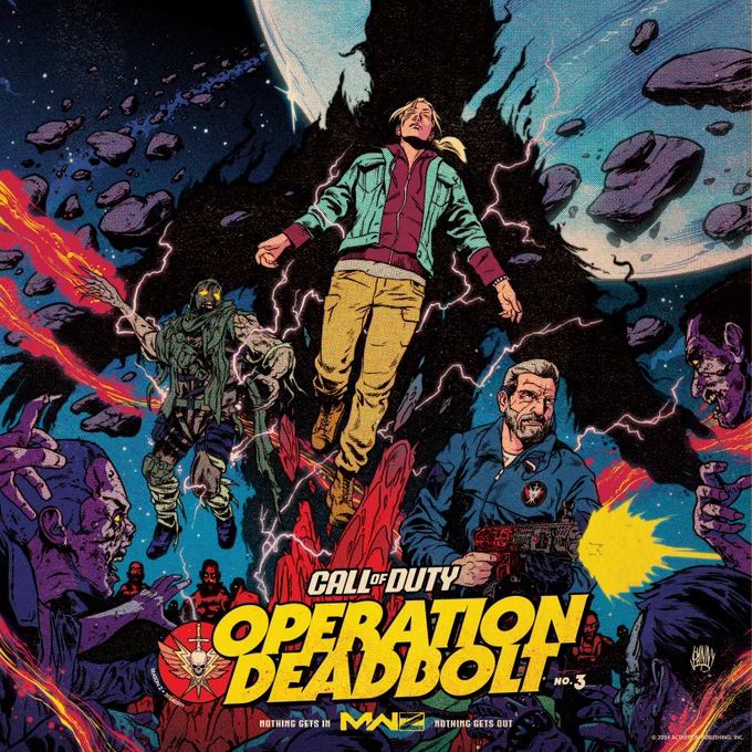 Image showcasing Call of Duty Modern Warfare 3 Zombies in a comic book style with text that reads, 'Call of Duty Operation DeadBolt. 