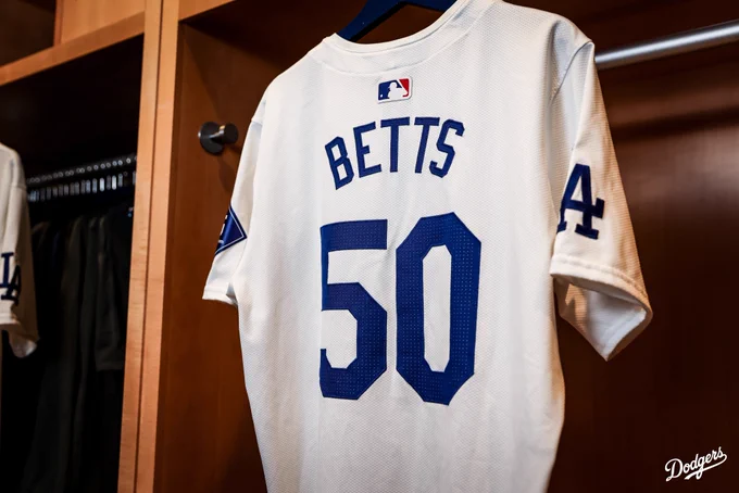 A photo of a game-used Mookie Betts jersey.