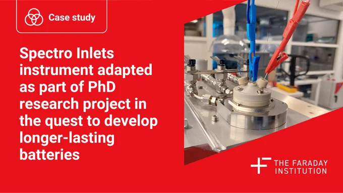A Canva card  for a case study: Spectro Inlets instrument adapted as part of PhD research project in the quest to develop longer-lasting batteries. Image of The Spectro Inlets electrochemical mass spectrometry (EC-MS) system