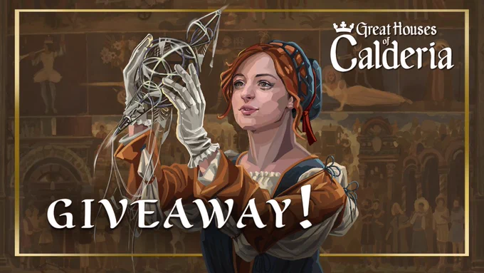 Great Houses of Calderia - An architect companion is holding an artefact, looking at it with the fresco background and the text "Giveaway!"